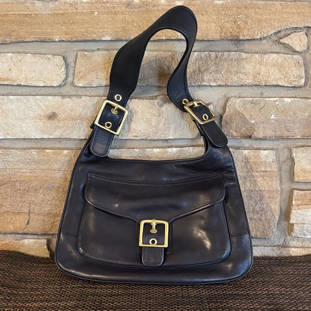 Vintage Coach Black Leather Shoulder Bag with Gold Buckles